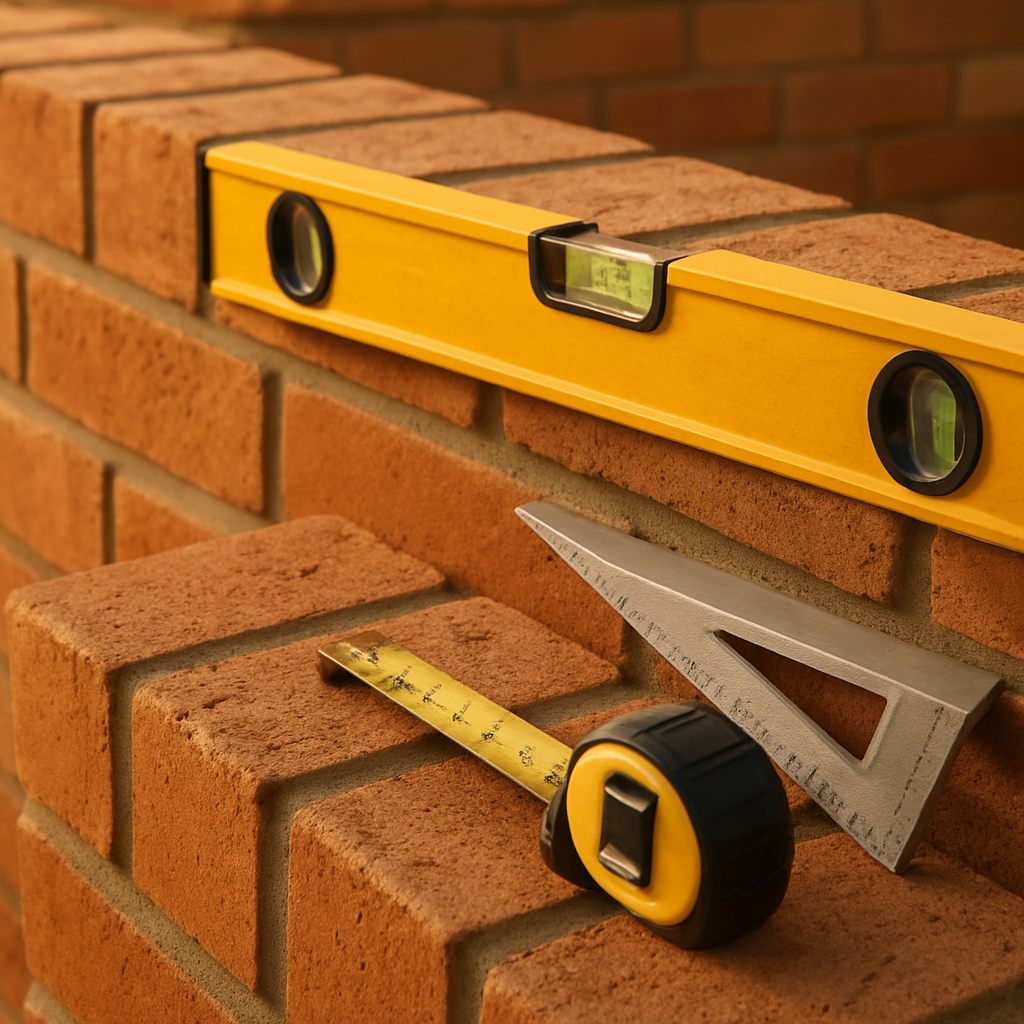 Quality brickwork and construction tools — spirit level, measuring tape on fresh brickwork