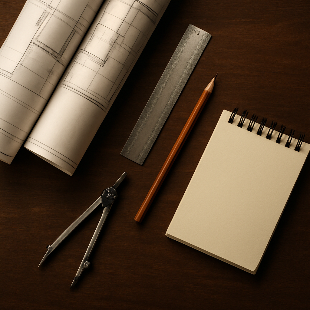 Architectural blueprints and planning tools for a construction project