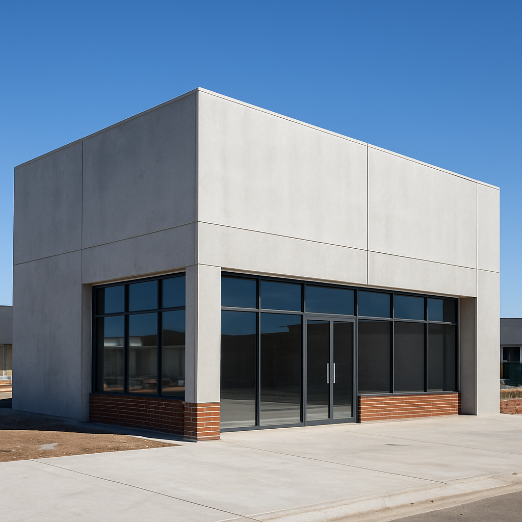 Small commercial building with concrete tilt panels and aluminium shopfront framing