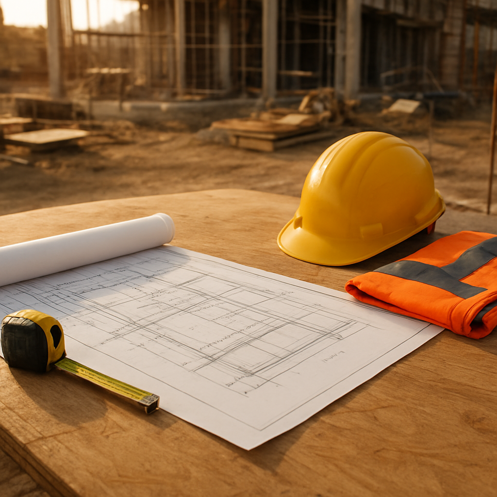 Construction blueprints and measuring tools laid out on a worksite table