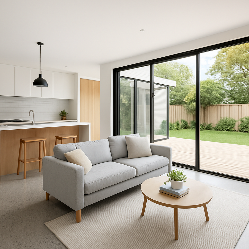 Modern open-plan kitchen renovation with polished concrete floors