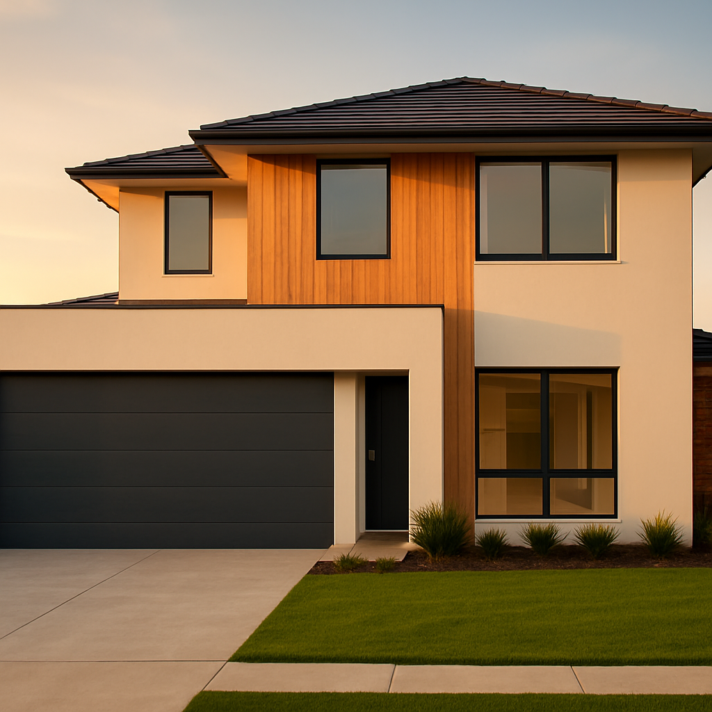 Newly completed modern Australian home exterior at golden hour